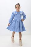 Miniğimin Cicileri Fiyonk Yaka Detaylı Pamuk Astarlı Kız Çocuk Elbise - Mavi