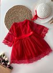 Miniğimin Cicileri Puanlı Tül ,Şapkalı Kız Çocuk Elbise - Kırmızı